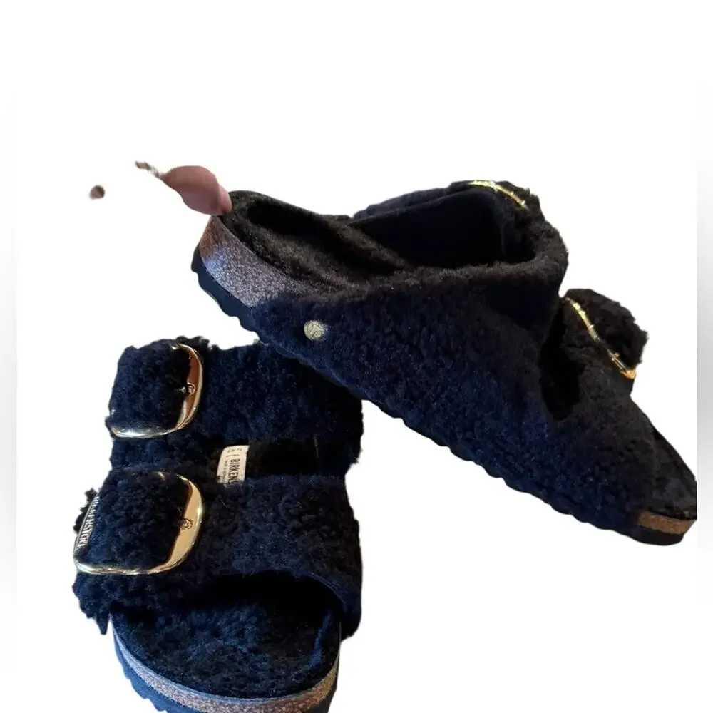 Birkenstock Arizona Big Buckle Teddy Black & Gold Sandals Womens Size 10 NIB